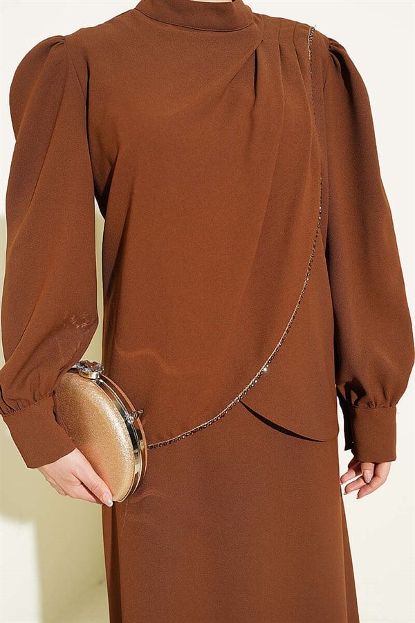 Stone Detail Vest 2 Piece Set, Coffee