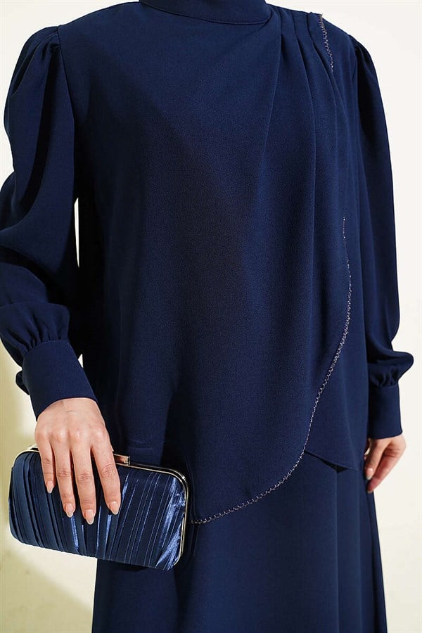 Stone Detail Vest 2 Piece Set Navy Blue