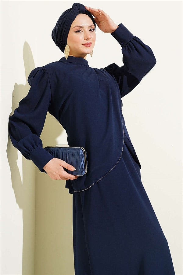Stone Detail Vest 2 Piece Set Navy Blue
