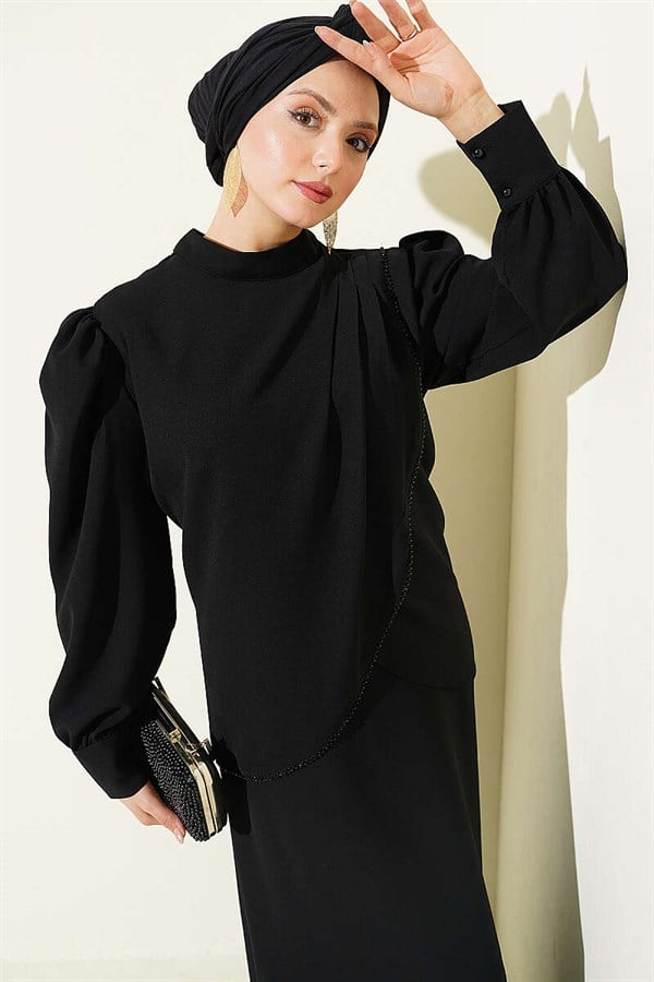 Stone Detail Vest 2 Piece Set, Black
