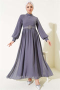 Stone Detailed Belted Chiffon Dress Slate Gray