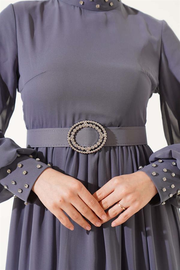 Stone Detailed Belted Chiffon Dress Slate Gray