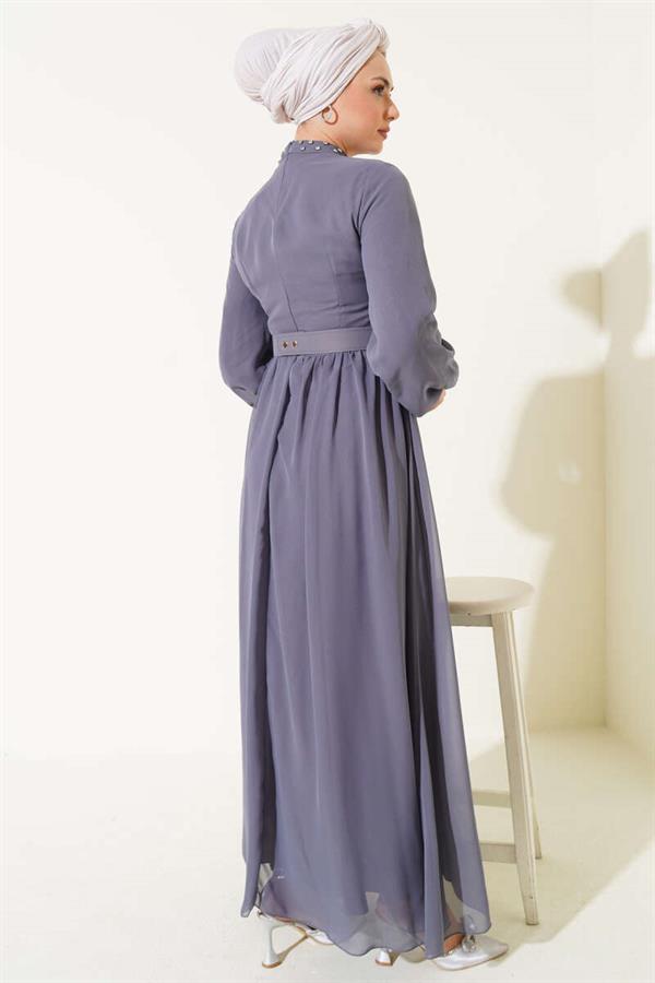 Stone Detailed Belted Chiffon Dress Slate Gray