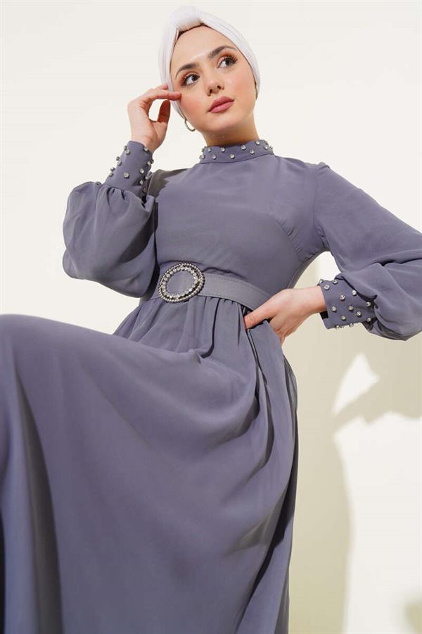 Stone Detailed Belted Chiffon Dress Slate Gray