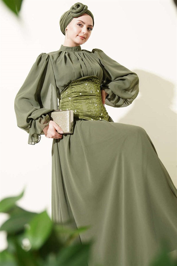 Stone-Detailed Corset Evening Dress, Khaki