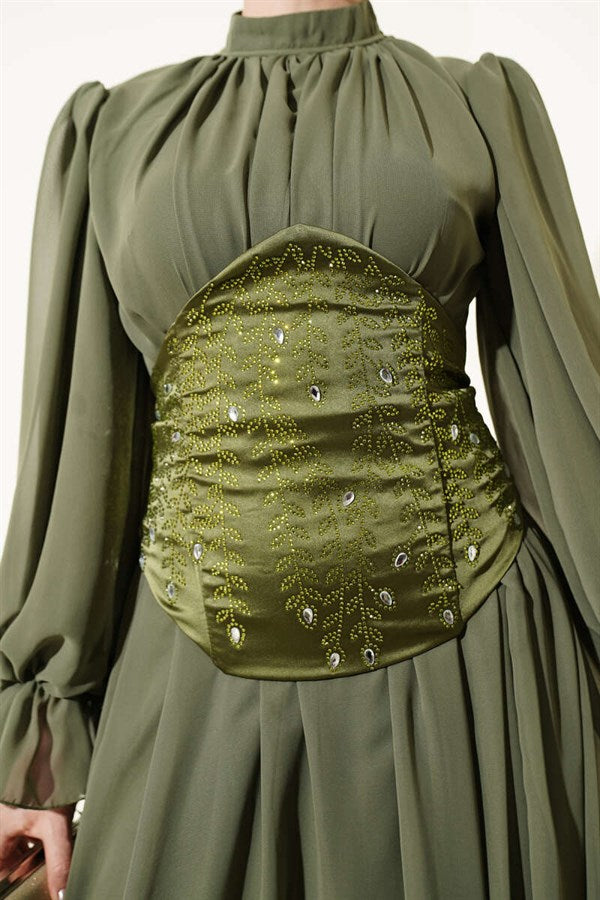 Stone-Detailed Corset Evening Dress, Khaki