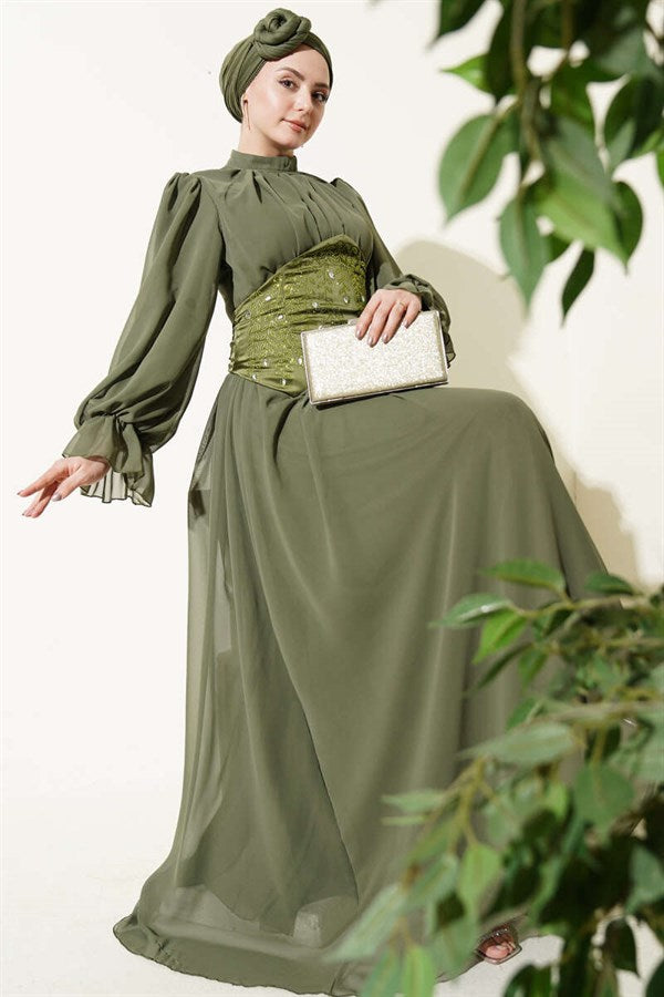 Stone-Detailed Corset Evening Dress, Khaki