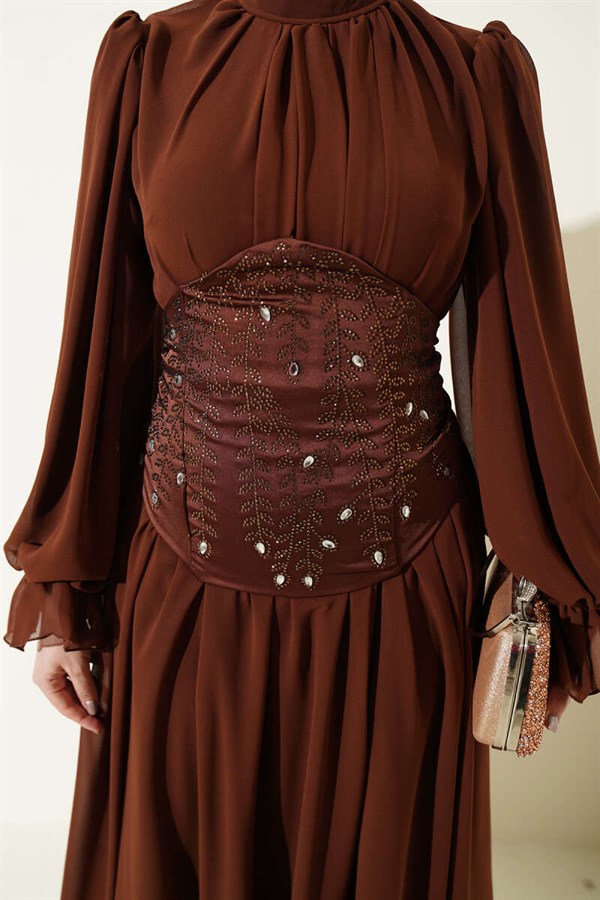 Stone-Detailed Corset Evening Dress in Brown