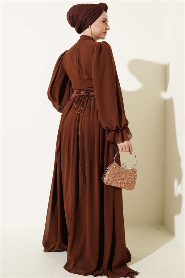 Stone-Detailed Corset Evening Dress in Brown