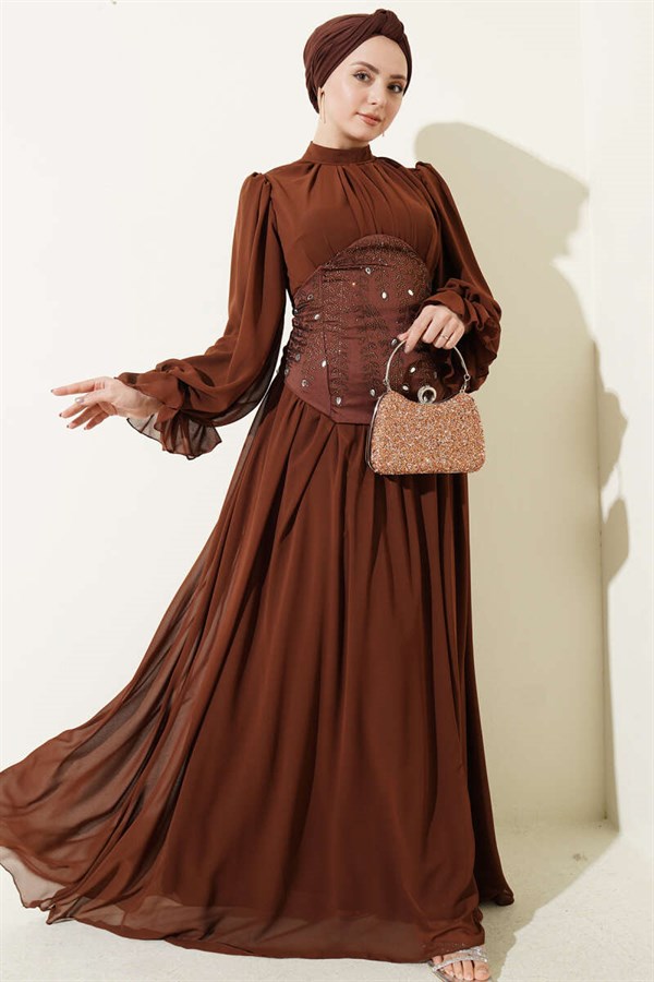 Stone-Detailed Corset Evening Dress in Brown