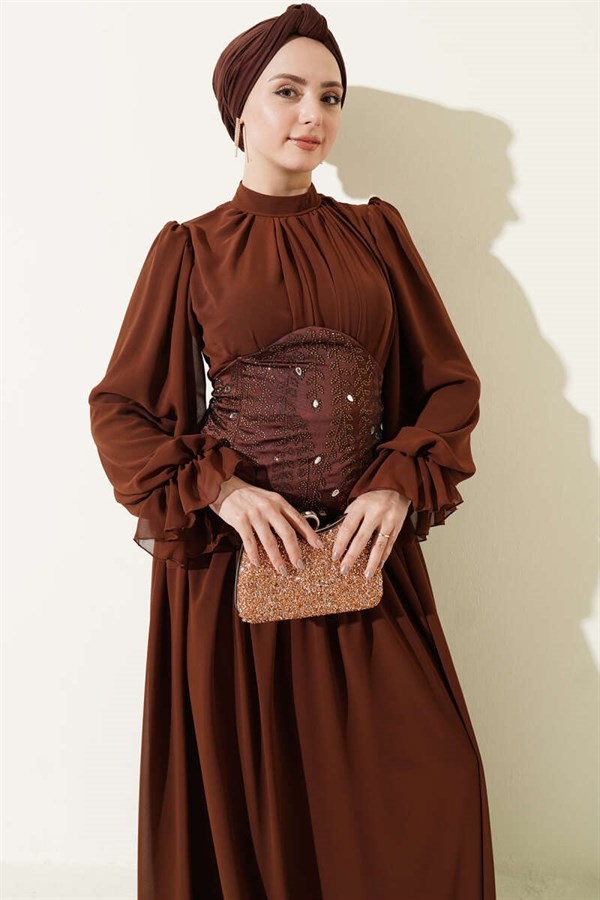 Stone-Detailed Corset Evening Dress in Brown