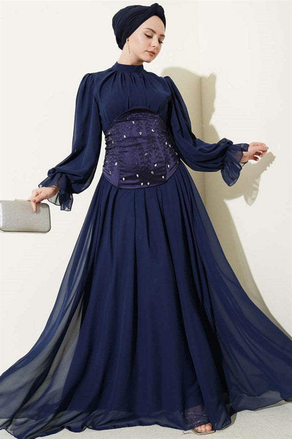 Embellished Corset Evening Dress, Navy Blue