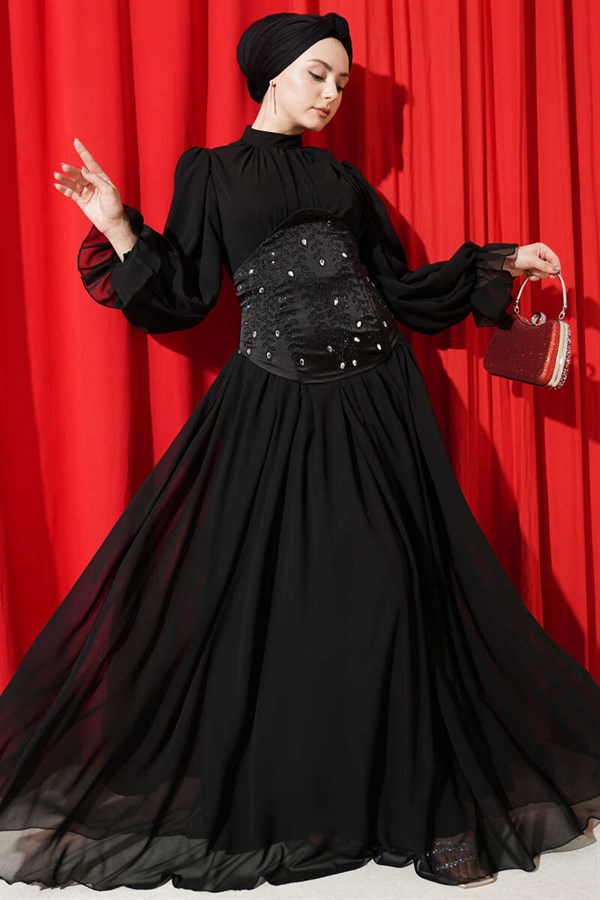Stone-Detailed Corset Evening Dress, Black