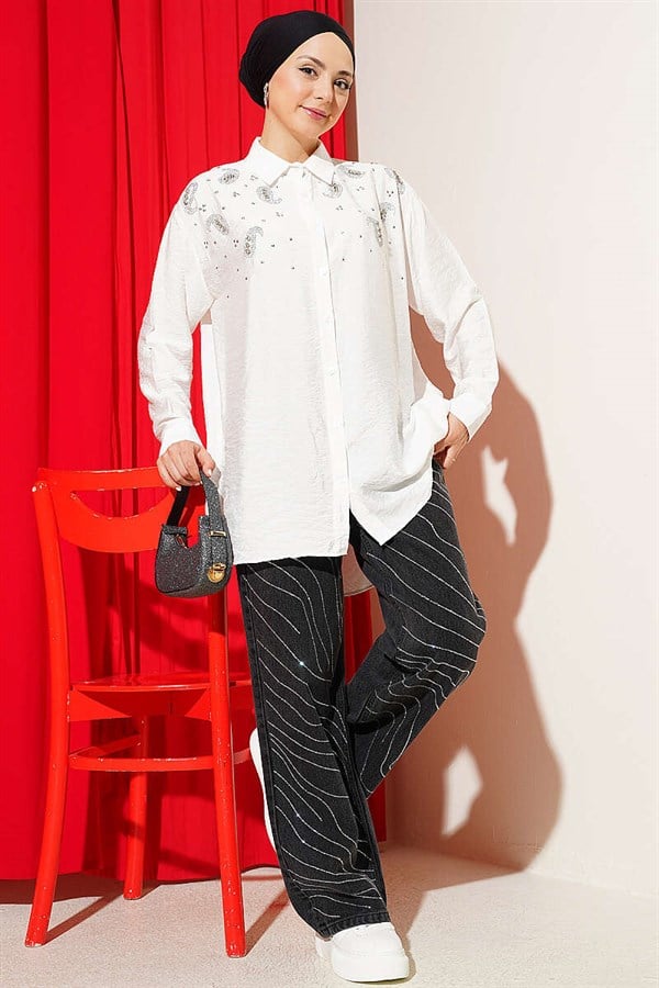 Stone Detail Button-Down Cuff Shirt, Ecru