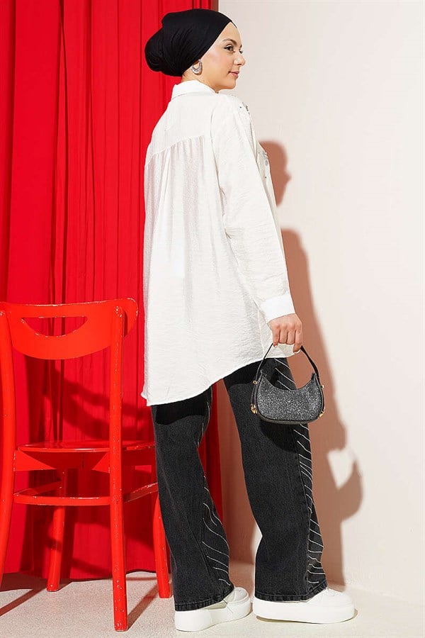 Stone Detail Button-Down Cuff Shirt, Ecru