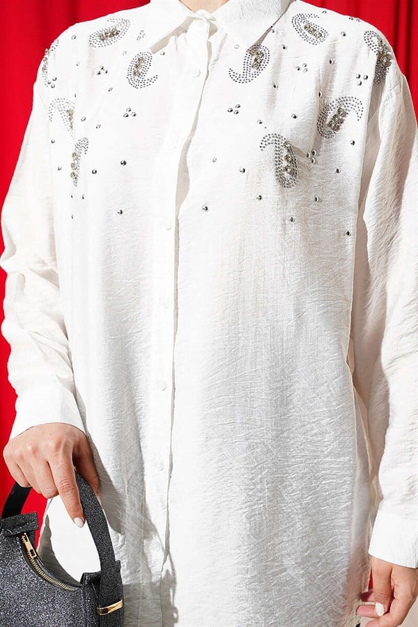 Stone Detail Button-Down Cuff Shirt, Ecru