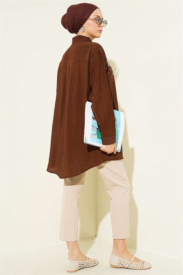 Stone Detail Button-Down Cuff Shirt, Brown