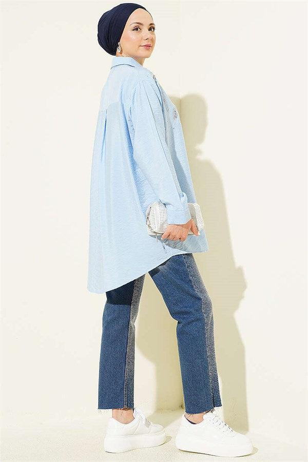 Stone Detail Button-Down Cuff Shirt, Blue