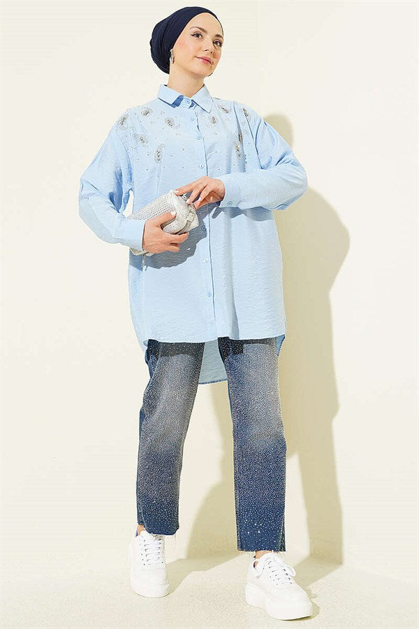 Stone Detail Button-Down Cuff Shirt, Blue