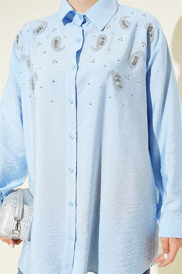 Stone Detail Button-Down Cuff Shirt, Blue