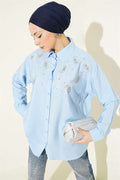 Stone Detail Button-Down Cuff Shirt, Blue
