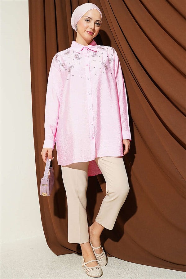 Pink Shirt with Stone Detail and Buttoned Cuffs