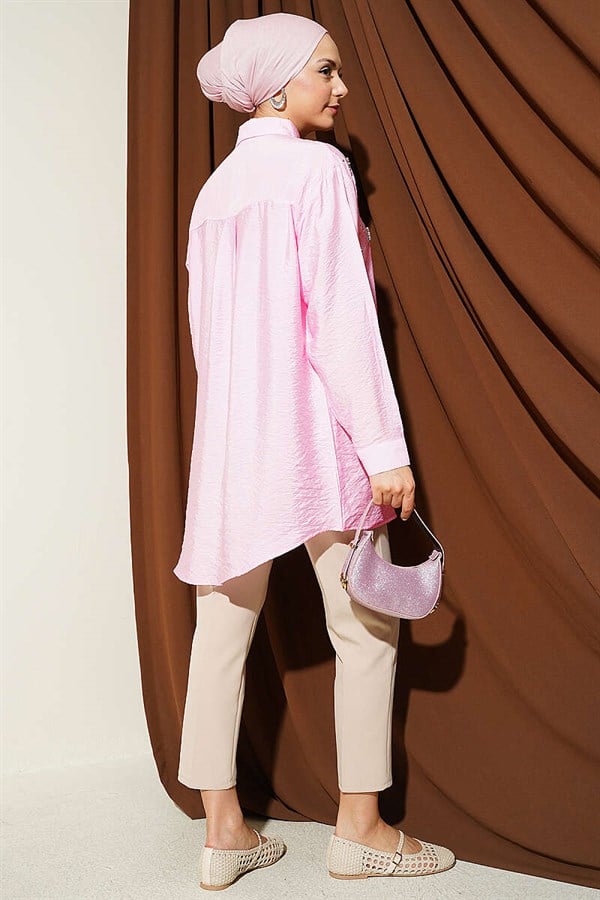 Pink Shirt with Stone Detail and Buttoned Cuffs