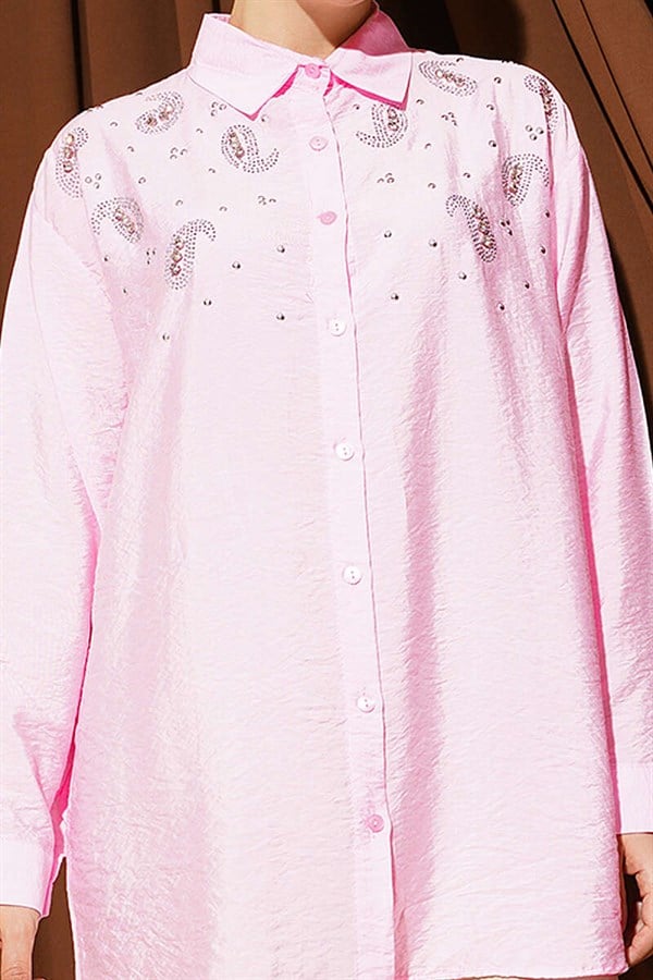 Pink Shirt with Stone Detail and Buttoned Cuffs