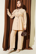 2 Piece Set with faux pocket flap and stone details, beige.