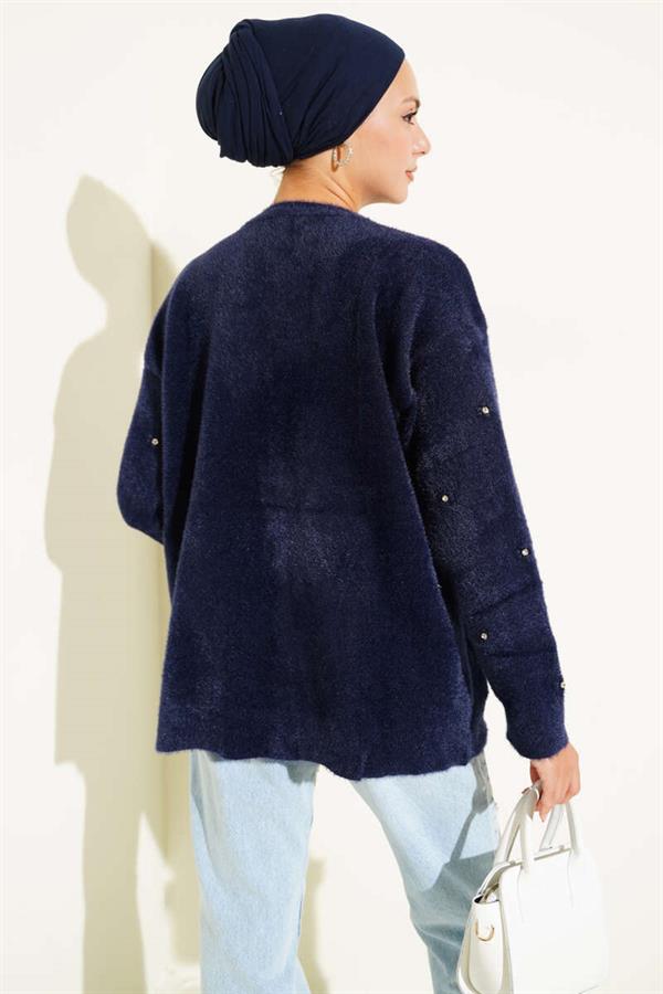 Stone Detailed Bearded Sweater Navy Blue