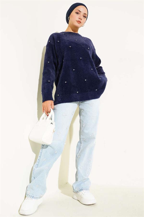 Stone Detailed Bearded Sweater Navy Blue