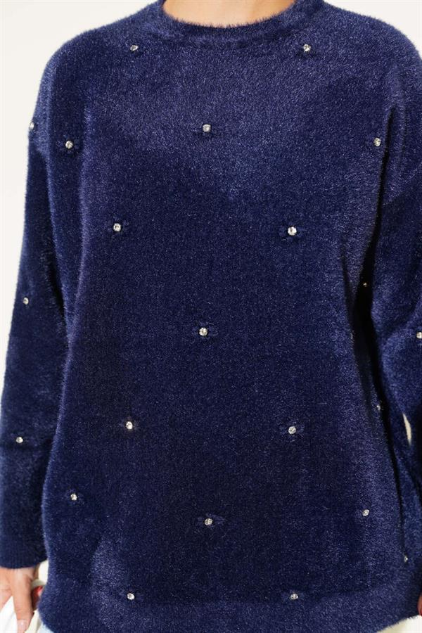 Stone Detailed Bearded Sweater Navy Blue