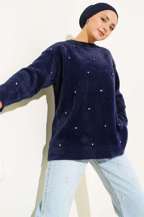 Stone Detailed Bearded Sweater Navy Blue
