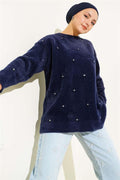 Stone Detailed Bearded Sweater Navy Blue