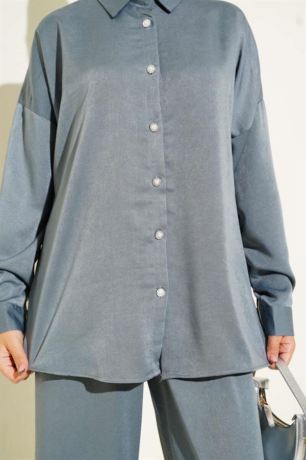 Stone Button Detailed 2 Piece Set Gray