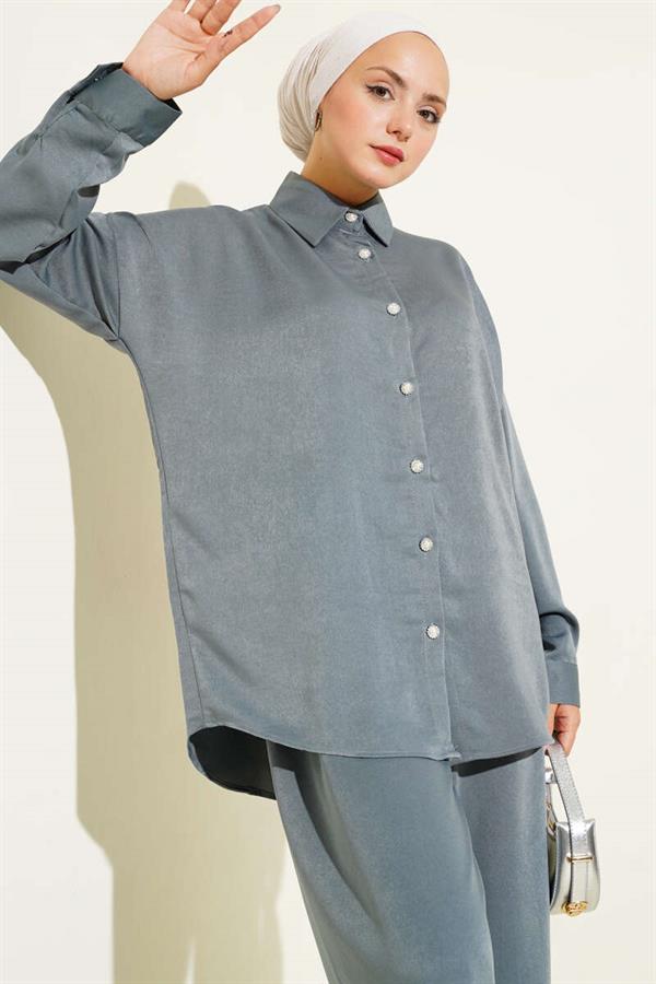 Stone Button Detailed 2 Piece Set Gray