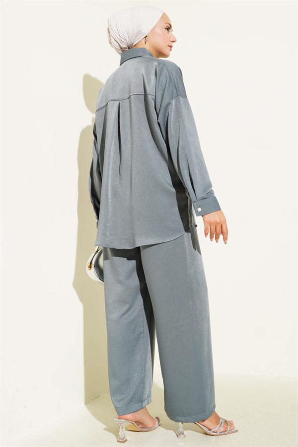 Stone Button Detailed 2 Piece Set Gray