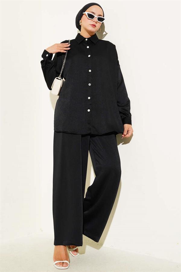 Stone Button Detailed 2 Piece Set Black