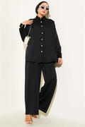 Stone Button Detailed 2 Piece Set Black