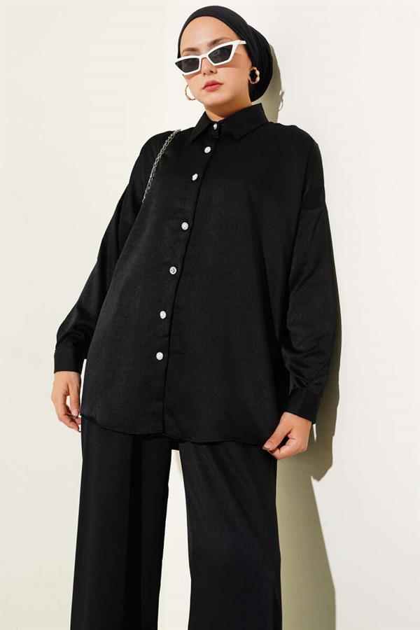 Stone Button Detailed 2 Piece Set Black