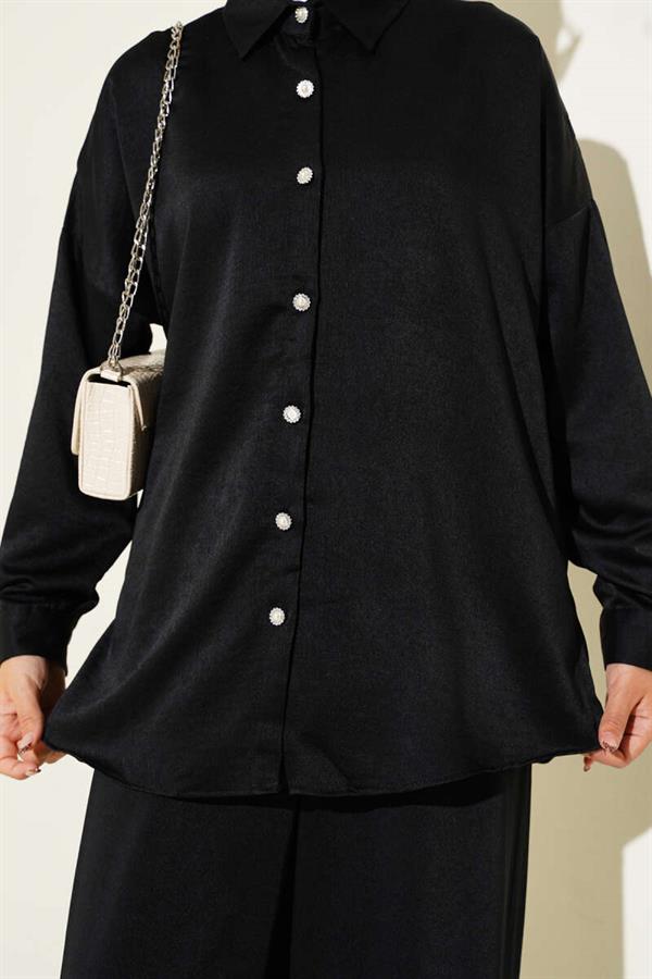Stone Button Detailed 2 Piece Set Black