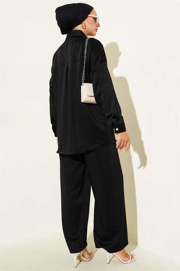 Stone Button Detailed 2 Piece Set Black