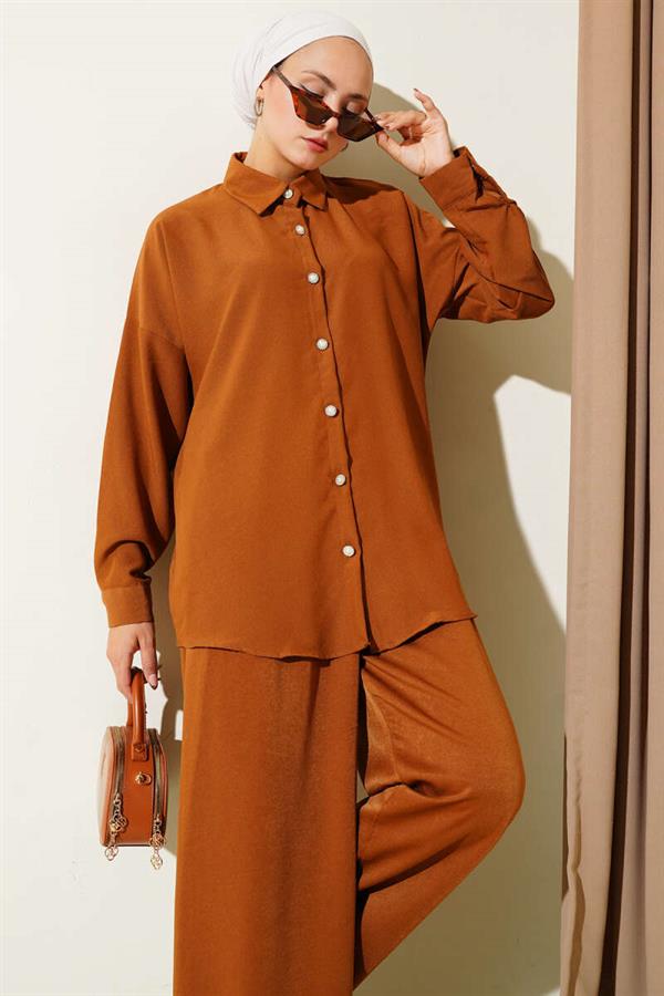 Stone Button Detailed 2 Piece Set Tan