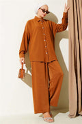 Stone Button Detailed 2 Piece Set Tan