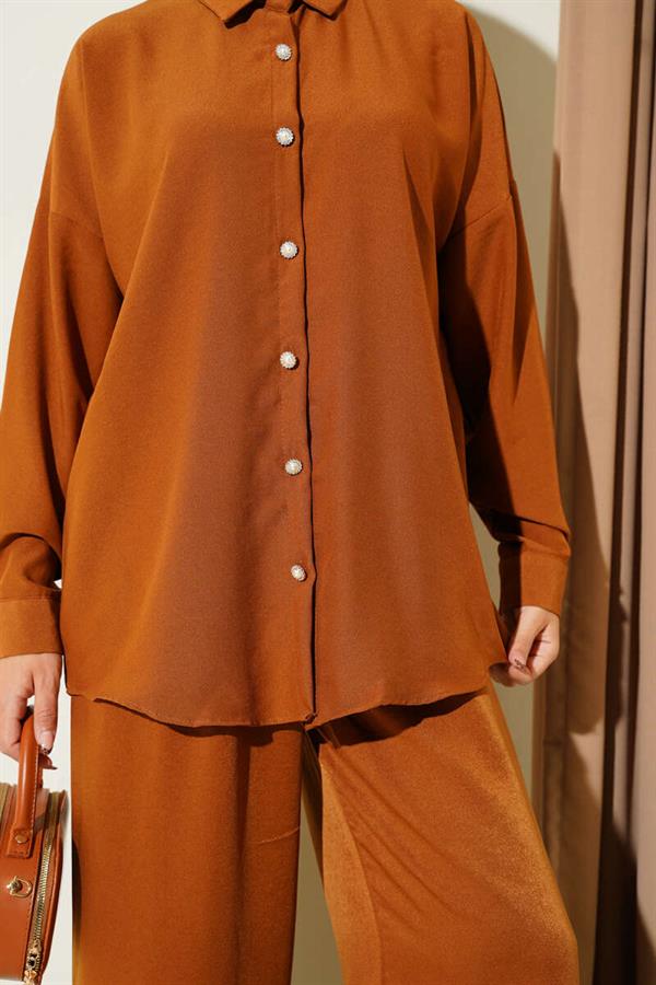Stone Button Detailed 2 Piece Set Tan