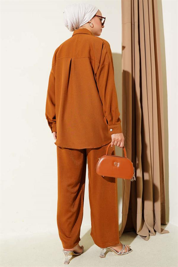 Stone Button Detailed 2 Piece Set Tan