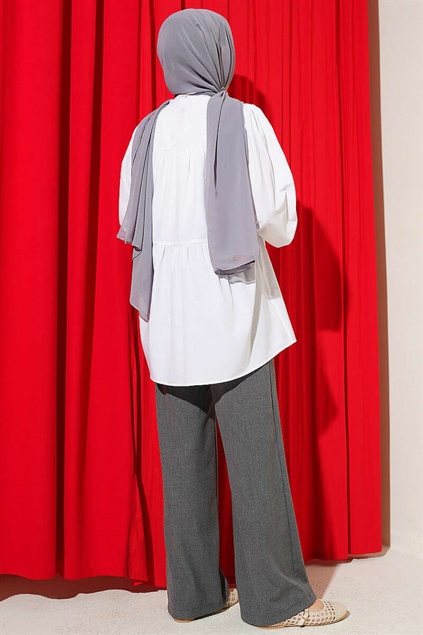 Stone Button Gathered Detail Shirt White