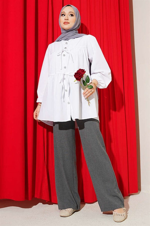 Stone Button Gathered Detail Shirt White
