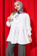Stone Button Gathered Detail Shirt White
