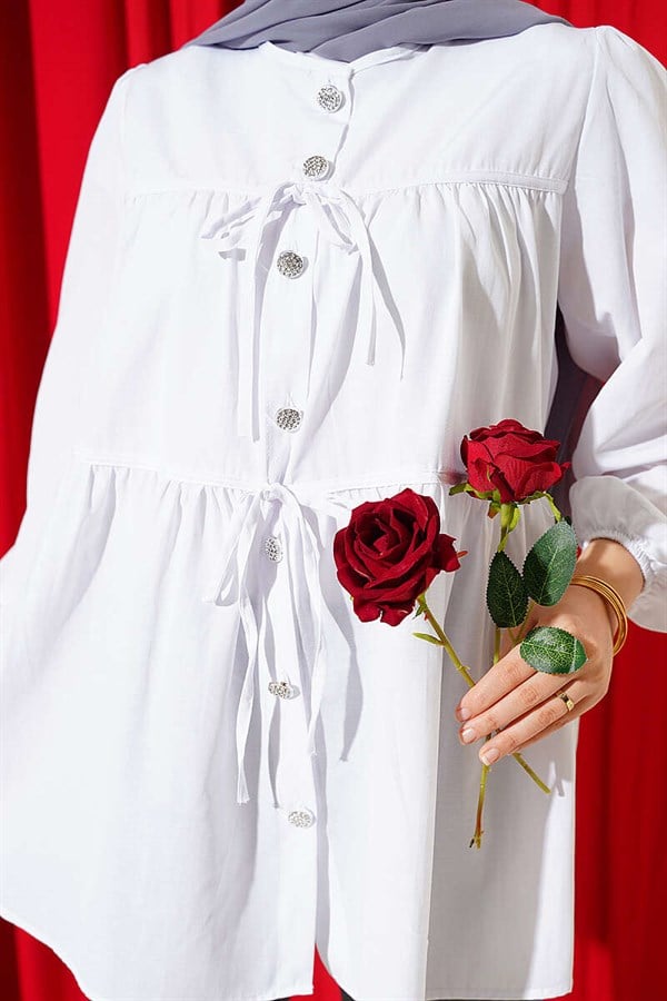 Stone Button Gathered Detail Shirt White